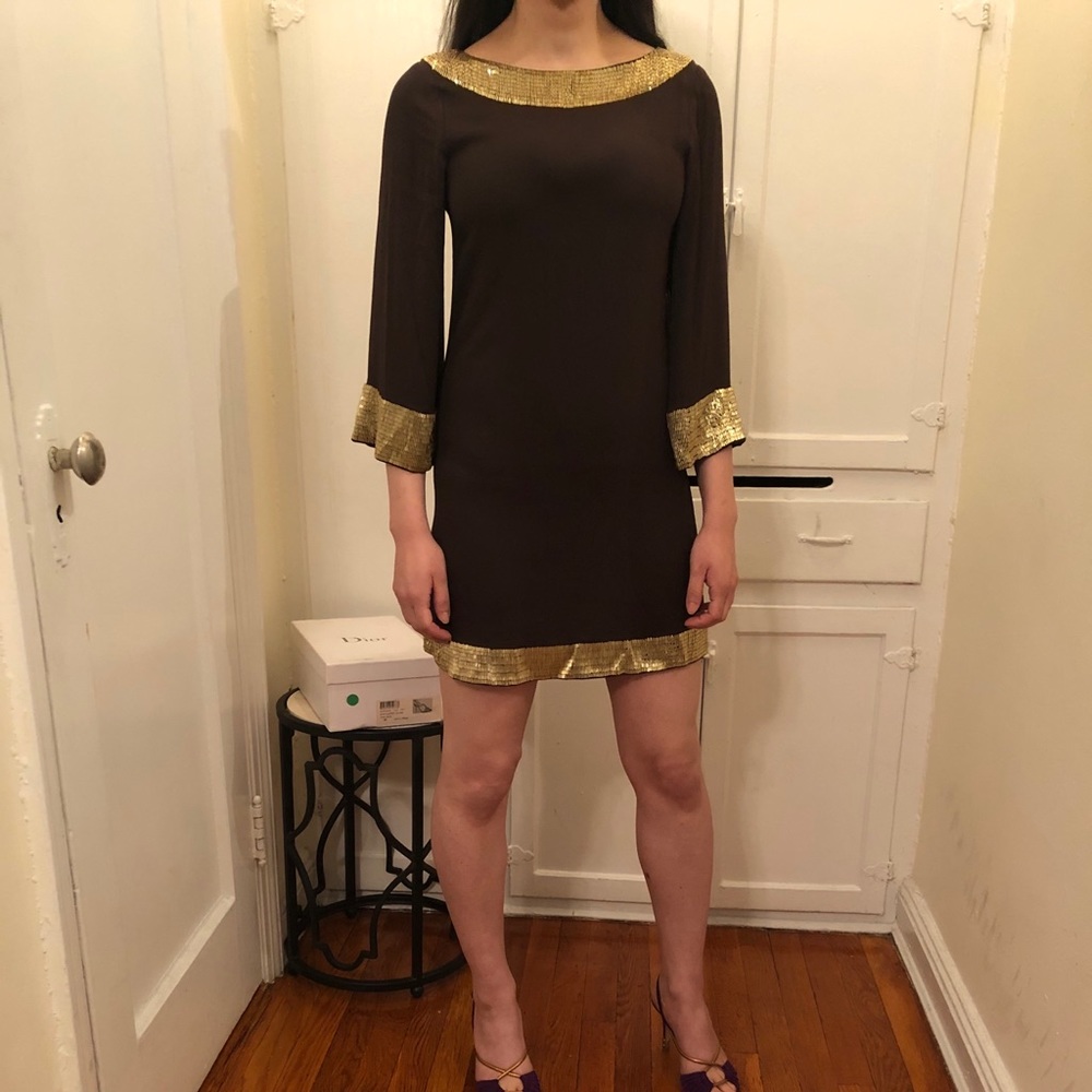 Alice & Olivia : Mini Silk Dress with gold sequin trim